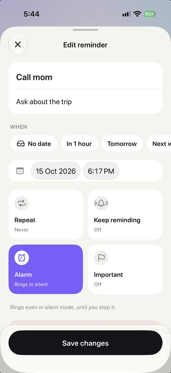 Editing the Call mom reminder in Foxnudge: date, time, repeat, keep reminding and an alarm that rings in silent mode