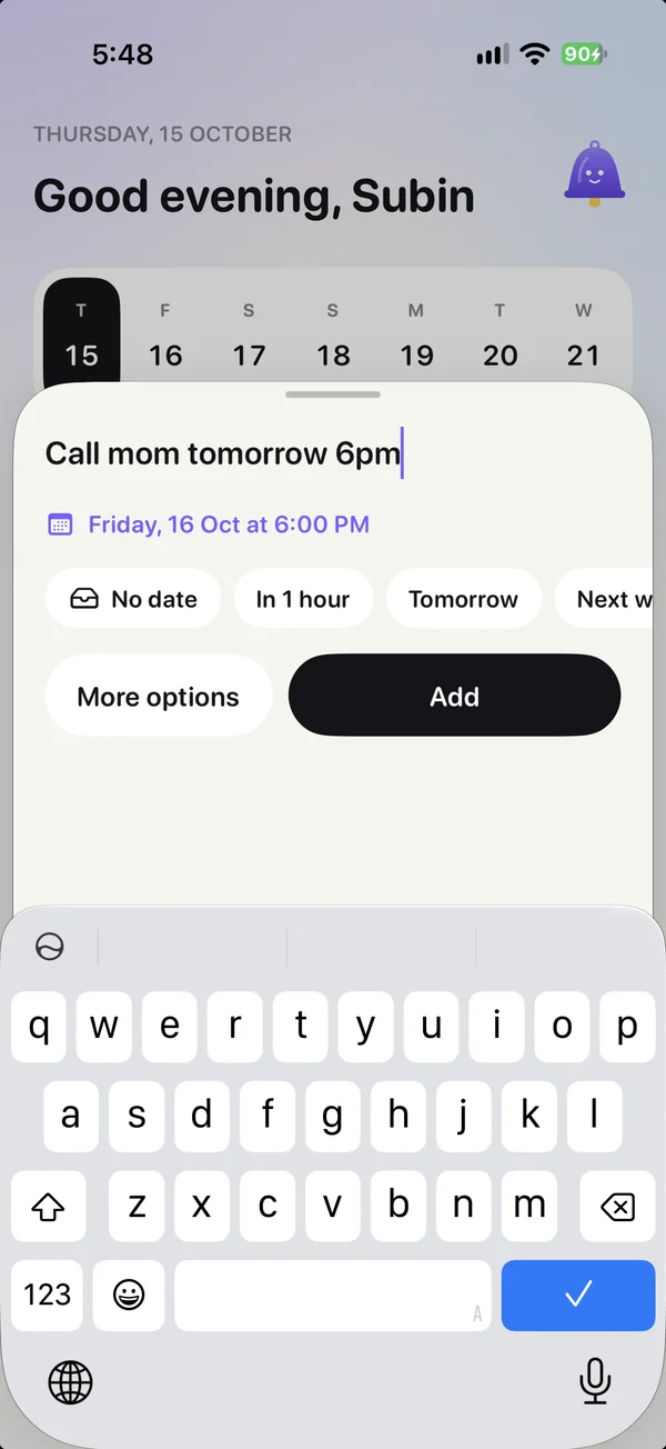 Adding “Call mom tomorrow 6pm” in Foxnudge: the date and time are filled in by themselves
